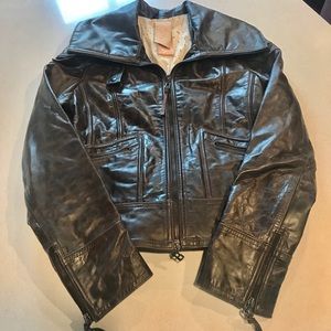 Brown leather biker style jacket by Doma